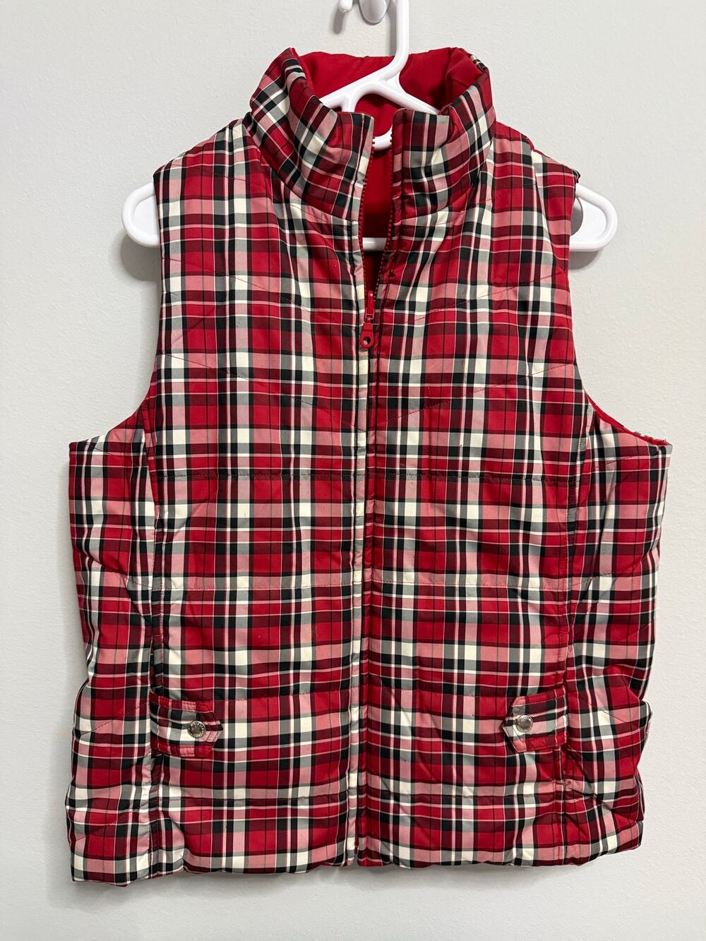 Jones New York Sport Womens Medium Quilted Reversible Zip Vest Red Plaid pockets